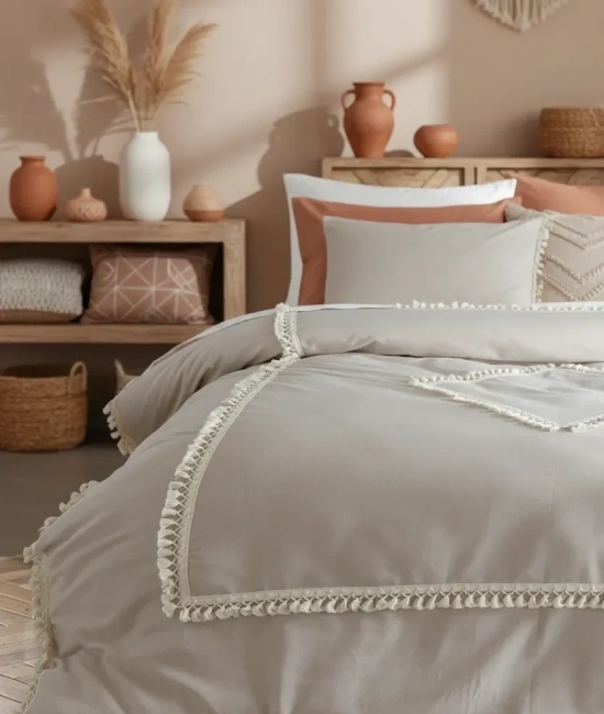 Bej Pamuk Keten Ikili Baklava Desen Ponponlu Çift Kişilik Nevresim Takımı