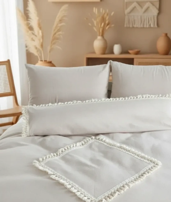 Bej Pamuk Keten Ikili Baklava Desen Ponponlu Çift Kişilik Nevresim Takımı