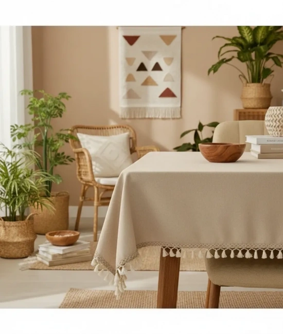 Bej Pamuk Keten Kahverengi Şerit Ponponlu Masa Örtüsü