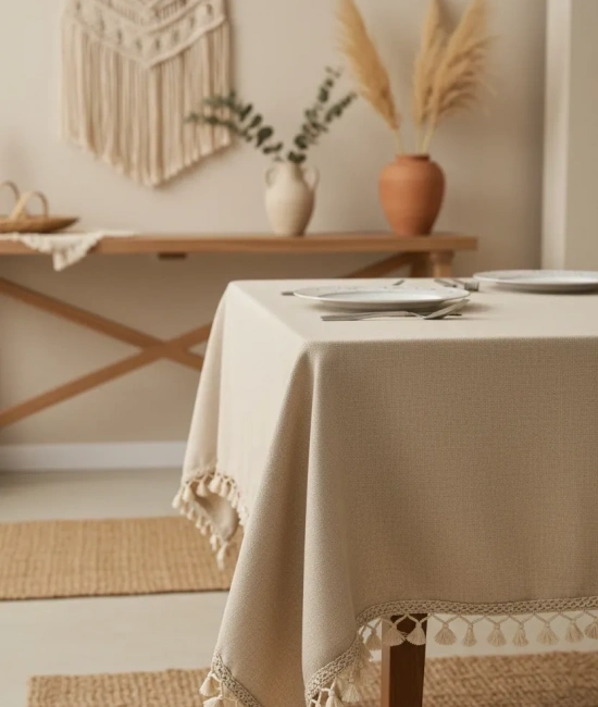 Bej Pamuk Keten Kahverengi Şerit Ponponlu Masa Örtüsü