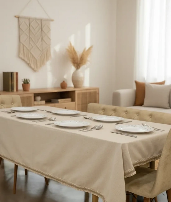 Bej Pamuk Keten Jüt Dantelli Masa Örtüsü