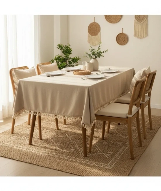 Bej Pamuk Keten Kahverengi Şerit Ponponlu Masa Örtüsü