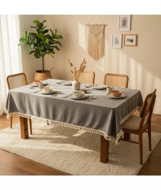 Gri Antrasit Pamuk Keten Ham Ponponlu Masa Örtüsü