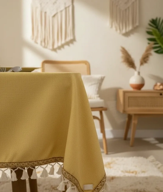 Sarı Pamuk Keten Kahverengi Şerit Ponponlu Masa Örtüsü