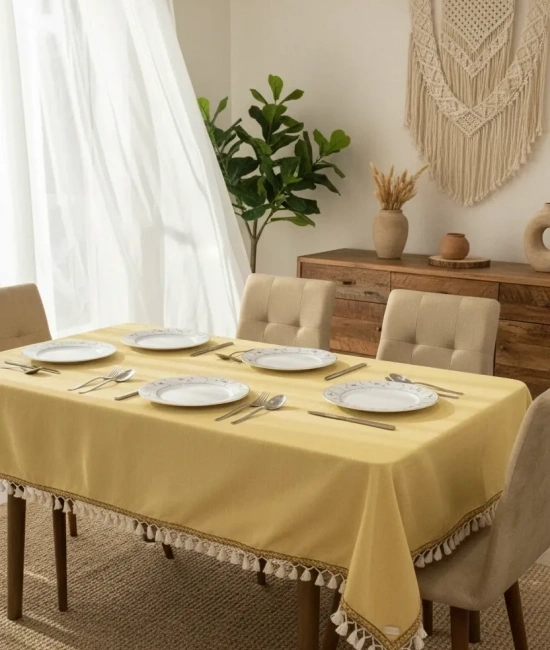 Sarı Pamuk Keten Kahverengi Şerit Ponponlu Masa Örtüsü