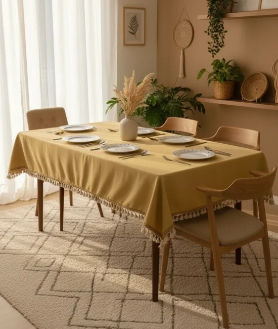 Sarı Pamuk Keten Kahverengi Şerit Ponponlu Masa Örtüsü