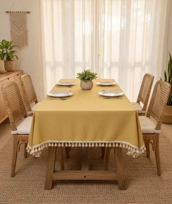 Sarı Pamuk Keten Kahverengi Şerit Ponponlu Masa Örtüsü