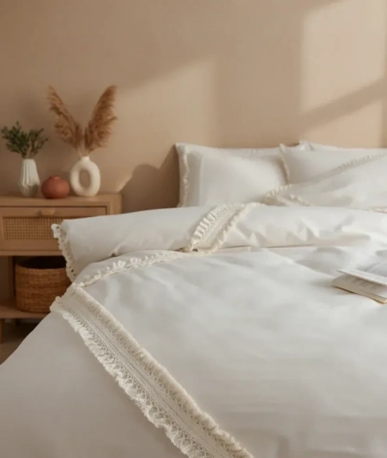 Ham Keten Baklava Desen Çift Ponponlu Tek Kişilik Nevresim Takımı