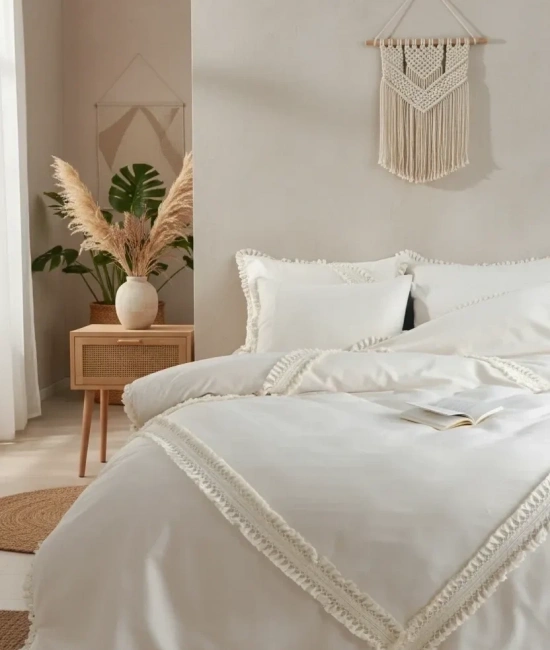 Ham Keten Baklava Desen Çift Ponponlu Tek Kişilik Nevresim Takımı