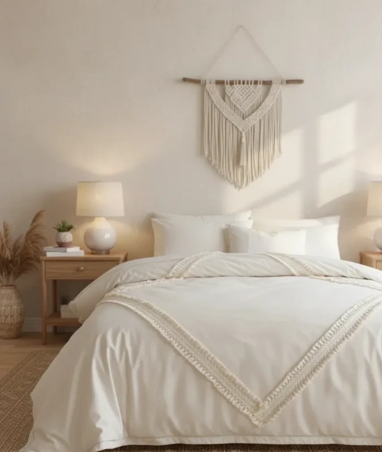 Ham Keten Baklava Desen Ponponlu Çift Kişilik Nevresim Takımı