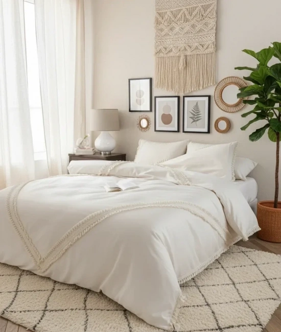 Ham Keten Baklava Desen Ponponlu Çift Kişilik Nevresim Takımı