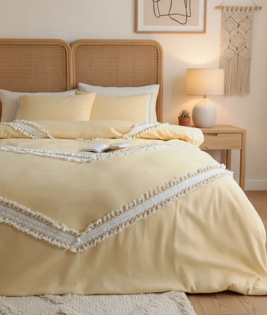 Sarı Renkli Pamuk Çift Ponponlu Tek Kişilik Nevresim Takımı(YEDEK YASTIKLI)