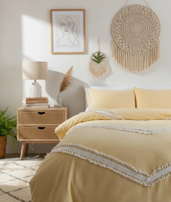 Sarı Renkli Pamuk Çift Ponponlu Tek Kişilik Nevresim Takımı(YEDEK YASTIKLI)