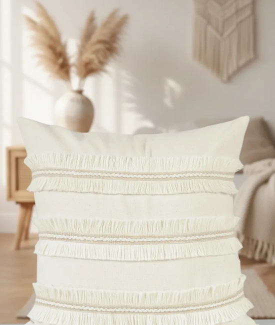 Özel Tasarım Jütlü Püsküllü Keten Krem Kırlent 2 Adet Kırlent Kılıfı ( 45 X 45)