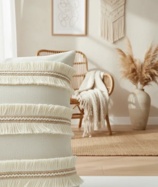 Özel Tasarım Jütlü Püsküllü Keten Krem Kırlent 2 Adet Kırlent Kılıfı ( 45 X 45)