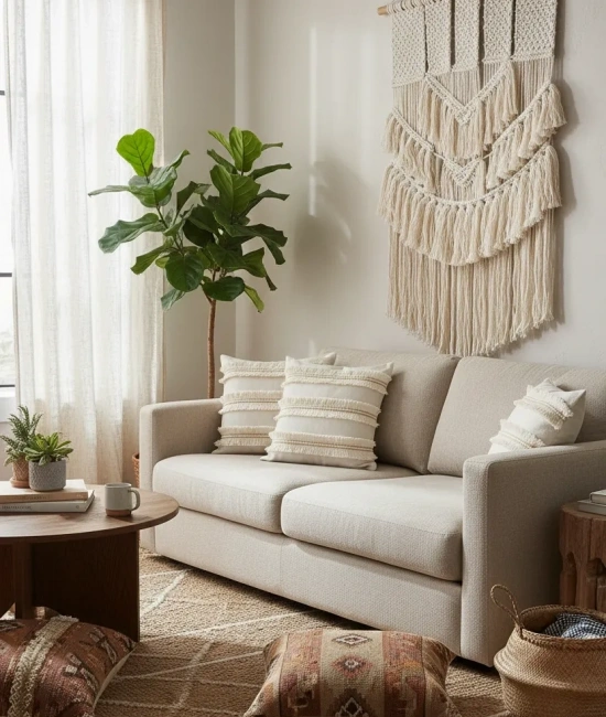 Özel Tasarım Jütlü Püsküllü Keten Krem Kırlent 2 Adet Kırlent Kılıfı ( 45 X 45)