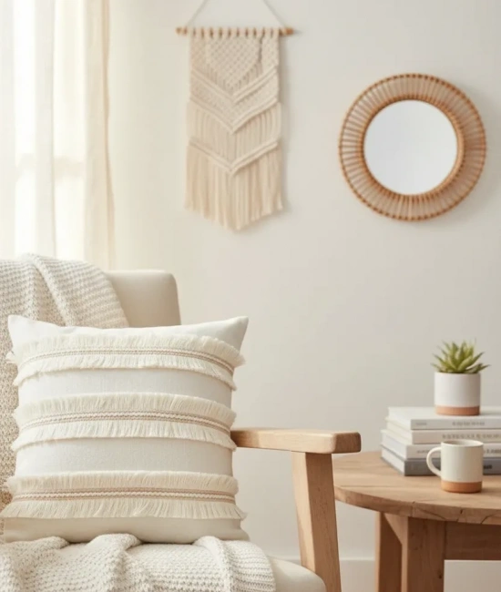 Özel Tasarım Jütlü Püsküllü Keten Krem Kırlent 2 Adet Kırlent Kılıfı ( 45 X 45)