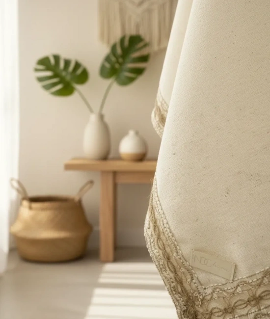 Organik Ham Keten Krem Jüt Dantelli Masa Örtüsü