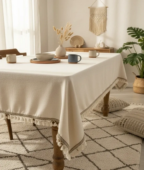 Ham Keten Organik Krem Kahverengi Şeritli Ponponlu Masa Örtüsü