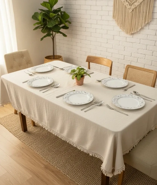 Ham Keten Organik Krem Kahverengi Şeritli Ponponlu Masa Örtüsü