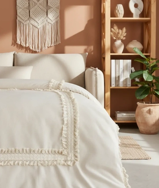 Ham Keten Krem Ponponlu Tek Kişilik Nevresim Takımı(YEDEK YASTIKLI)