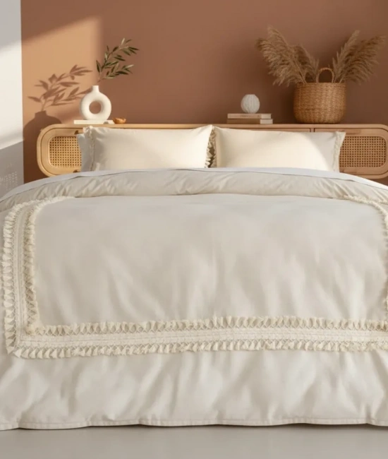 Ham Keten Krem Ponponlu Tek Kişilik Nevresim Takımı(YEDEK YASTIKLI)