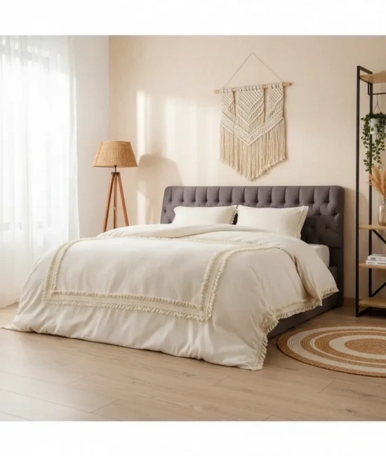 Ham Keten Krem Ponponlu Çift Kişilik Nevresim Takımı