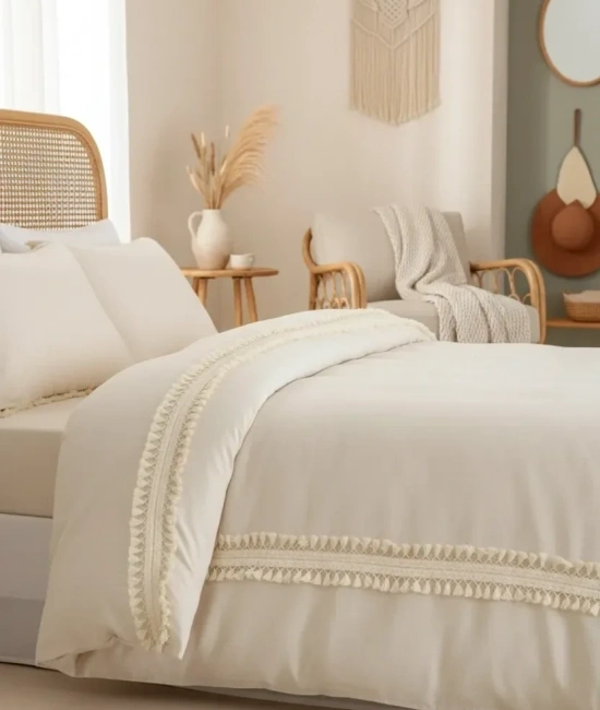 Ham Keten Krem Ponponlu Çift Kişilik Nevresim Takımı