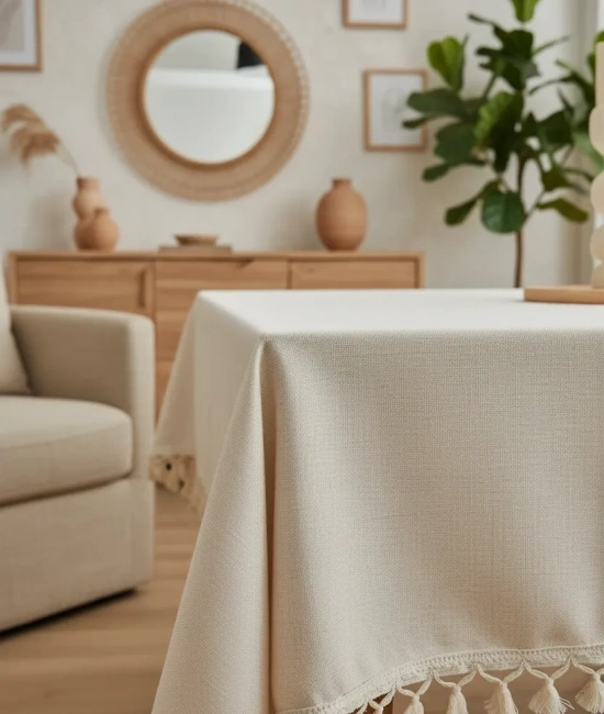 Organik Ham Keten Krem Ponponlu Masa Örtüsü