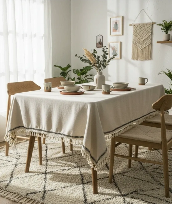 Organik Ham Keten Krem Siyah Şerit Detaylı Ponponlu Masa Örtüsü