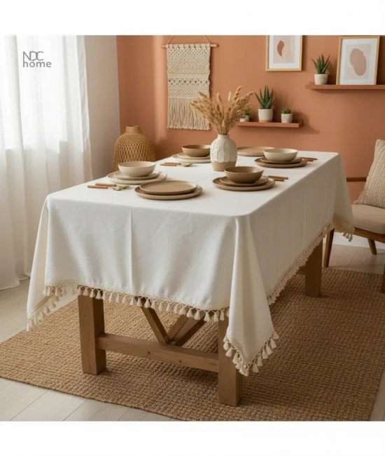 Organik Ham Keten Krem Ponponlu Masa Örtüsü