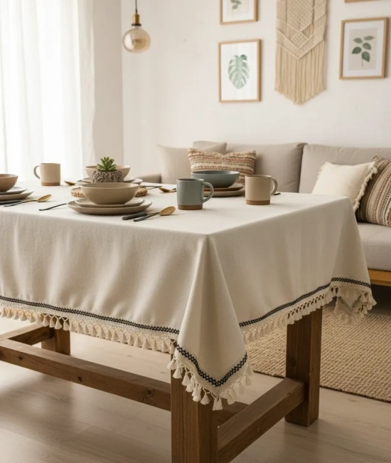Organik Ham Keten Krem Siyah Şerit Detaylı Ponponlu Masa Örtüsü