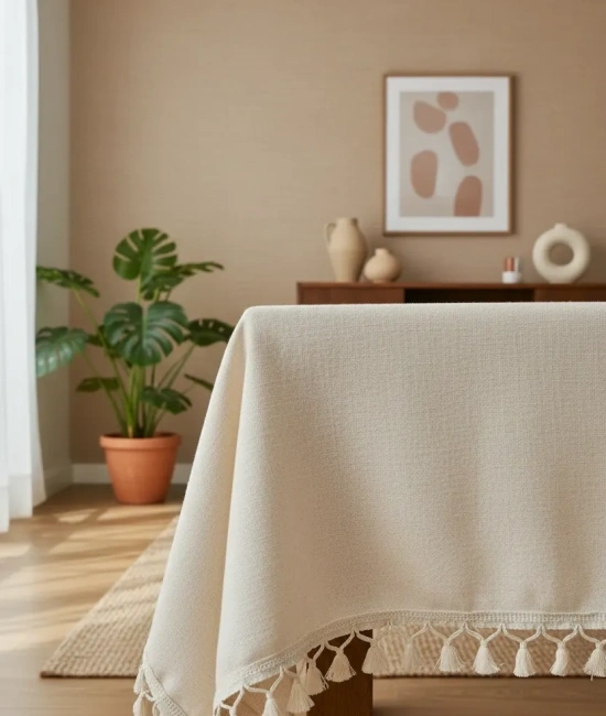 Organik Ham Keten Krem Ponponlu Masa Örtüsü