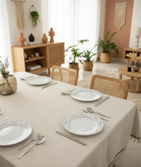 Organik Ham Keten Krem Siyah Şerit Detaylı Ponponlu Masa Örtüsü