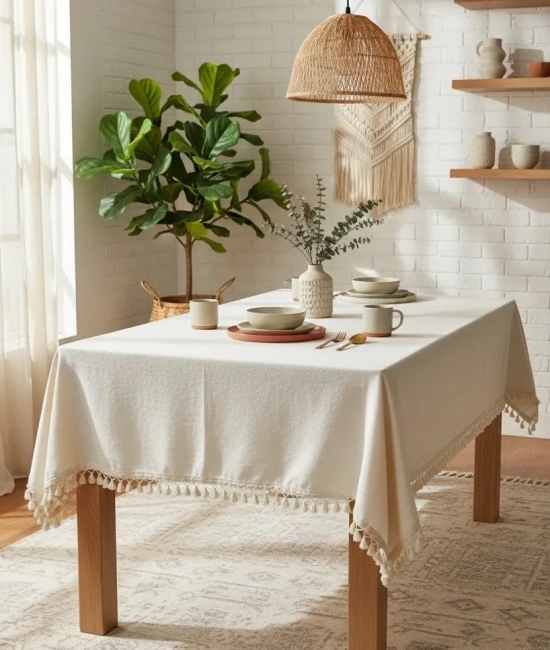 Organik Ham Keten Krem Ponponlu Masa Örtüsü