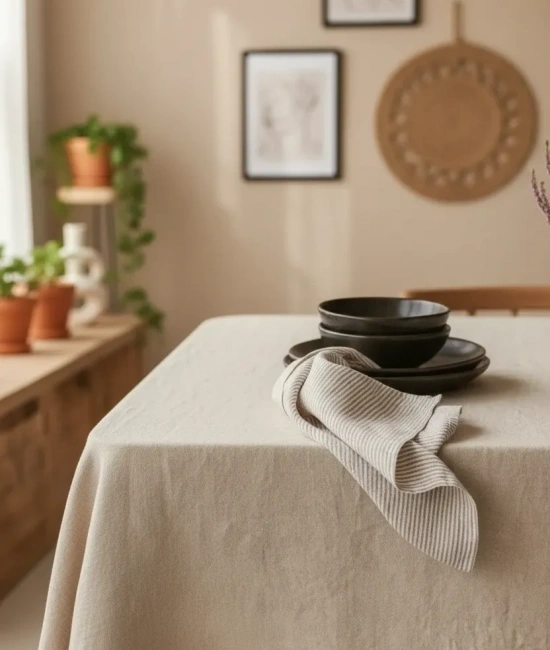 Organik Ham Keten Krem Masa Örtüsü