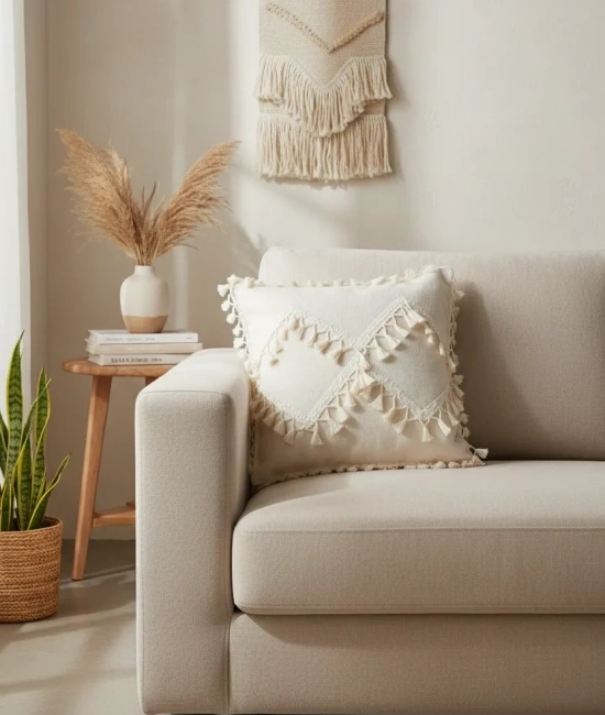 Özel Tasarım Çapraz Ponponlu Tekli Keten Krem Kırlent 2 Adet Kırlent Kılıfı (45X55)