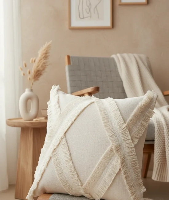 Özel Tasarımkare Çapraz Kokoş Tekli Keten Krem Kırlent 2 Adet Kırlent Kılıfı (43 x 43)