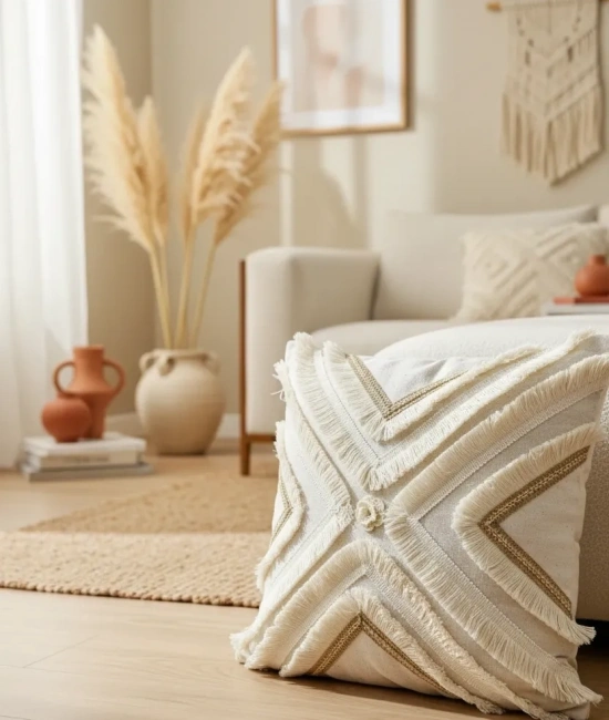 Özel Tasarım Çoklu Püsküllü Motifli Keten Krem Kırlent 2 Adet Kırlent Kılıfı (43 x 43)