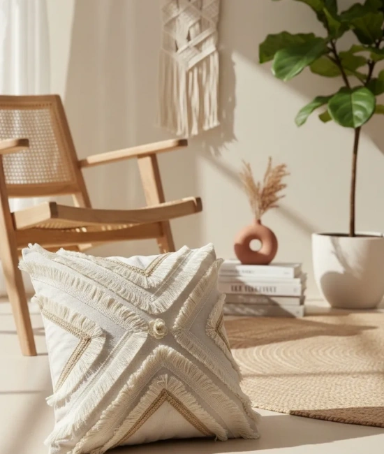 Özel Tasarım Çoklu Püsküllü Motifli Keten Krem Kırlent 2 Adet Kırlent Kılıfı (43 x 43)