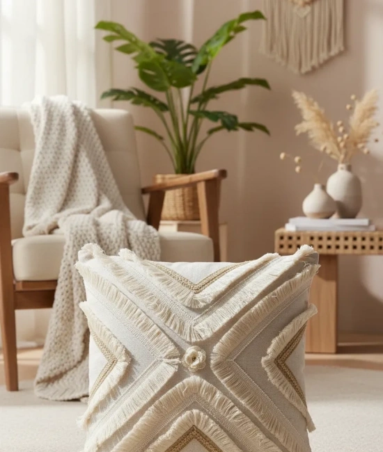 Özel Tasarım Çoklu Püsküllü Motifli Keten Krem Kırlent 2 Adet Kırlent Kılıfı (43 x 43)