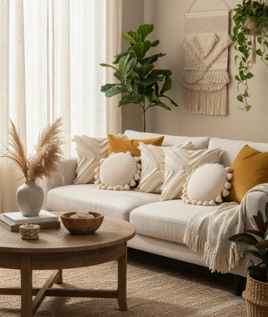 Özel Tasarım Çoklu Püsküllü Motifli Keten Krem Kırlent 2 Adet Kırlent Kılıfı (43 x 43)