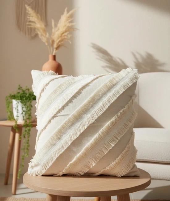 Özel Tasarım Çapraz Çift Püsküllü Keten Krem Kırlent 2 Adet Kırlent Kılıfı (43 x 43)