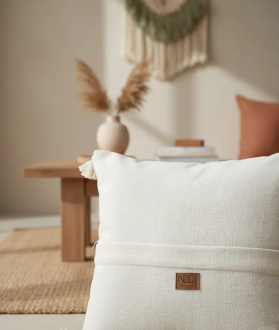 Özel Tasarım Çapraz Çift Püsküllü Keten Krem Kırlent 2 Adet Kırlent Kılıfı (43 x 43)