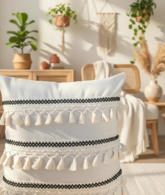 Özel Tasarım Siyah Şeritli Keten Krem Kırlent 2 Adet Kırlent Kılıfı