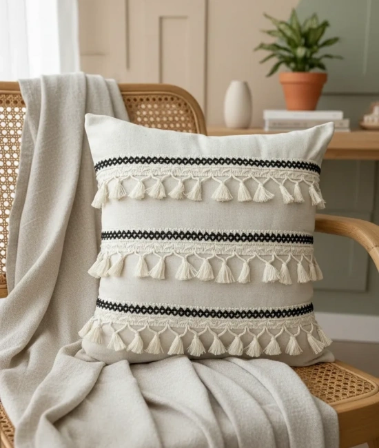 Özel Tasarım Siyah Şeritli Keten Krem Kırlent 2 Adet Kırlent Kılıfı