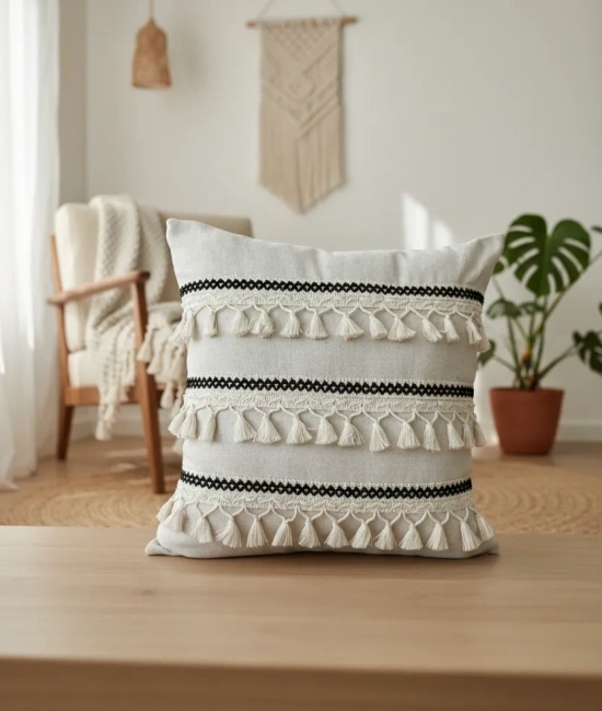 Özel Tasarım Siyah Şeritli Keten Krem Kırlent 2 Adet Kırlent Kılıfı