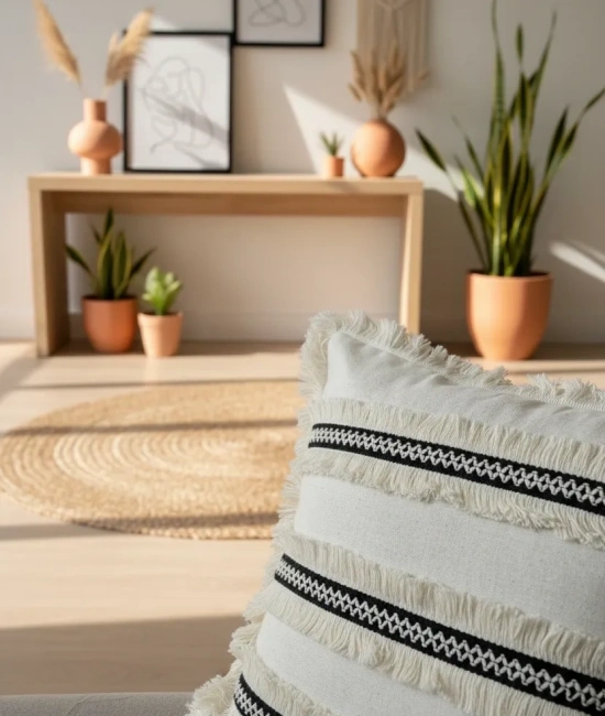 Özel Tasarım Siyah Püsküllü Keten Krem Kırlent 2 Adet Kırlent Kılıfı (43 x 43)