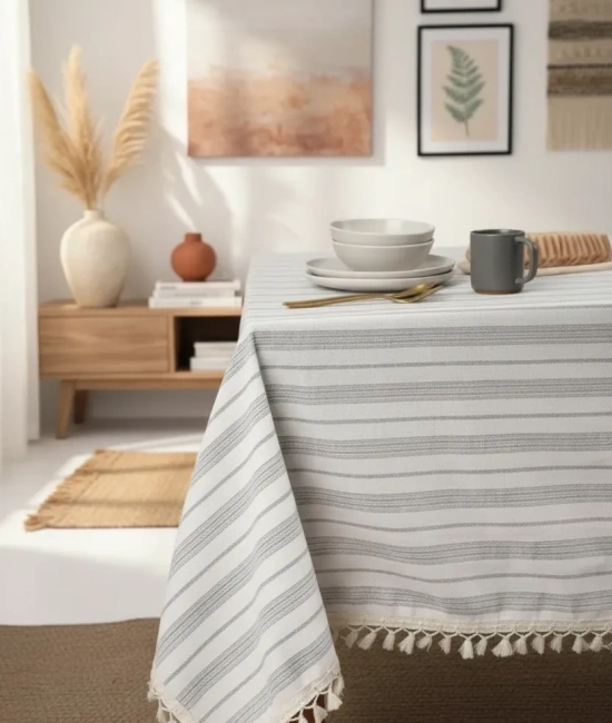 Keten Gri Antrasit Çizgili Ponponlu Masa Örtüsü