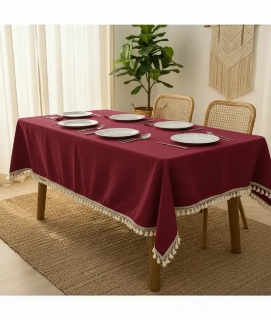 Bordo Pamuk Keten Şerit Ponponlu Masa Örtüsü
